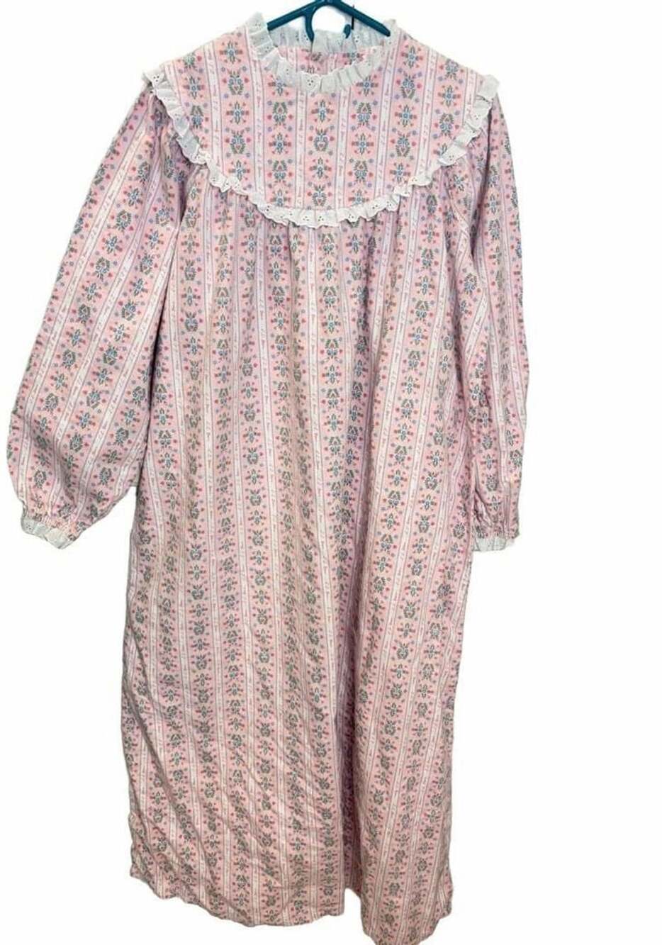 L.L. Bean Pink Floral Flannel Long Sleeve Nightgown with Lace Trim